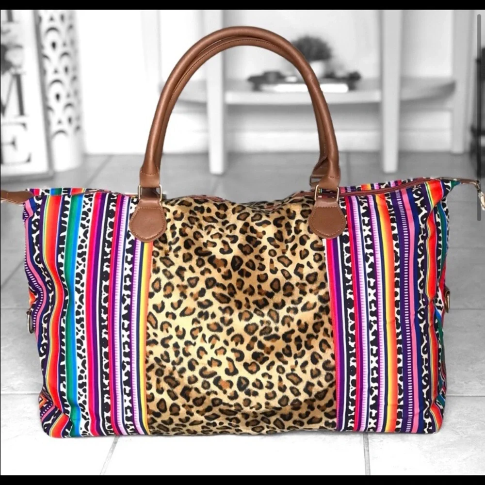 LAST ONE: Trendy cow leopard print colorful stripe overnight XL duffel bag - Picture 4 of 7